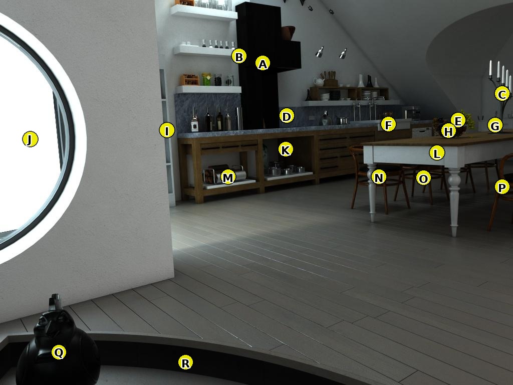 Labeled kitchen scene with window.