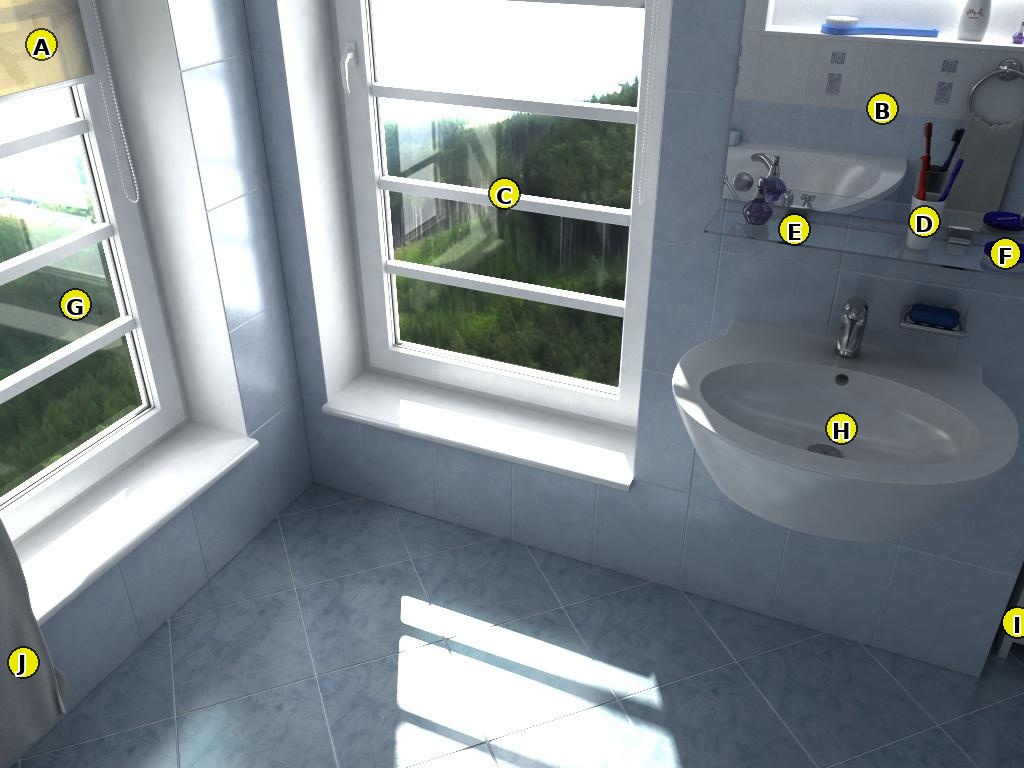 Labeled bathroom scene.