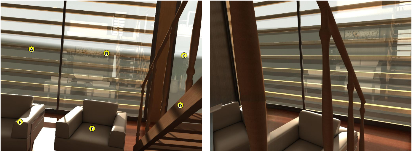 Teaser pair showing two views of a scene, with one object spatially inconsistent.